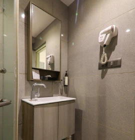 Dew Drop Room Bathroom Amenities - Orchid Hotel Panchgani Dew Drop Room bathroom vanity with mirror and hair dryer at Orchid Hotel Panchgani
